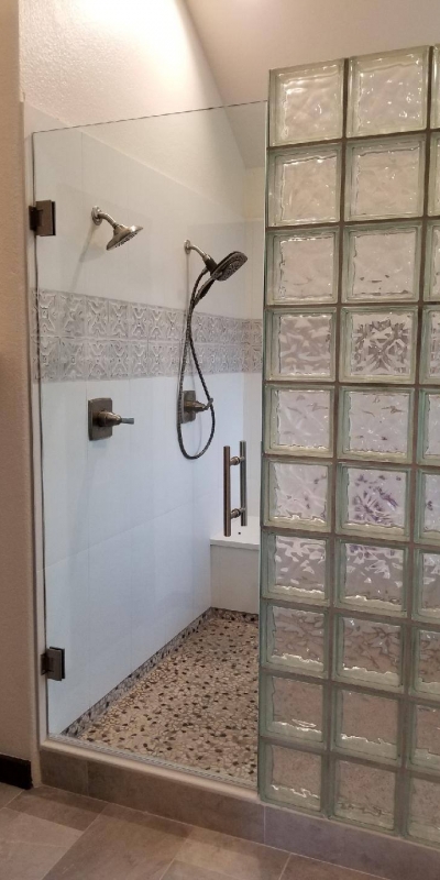 Frameless Tiles w Glass Block Wall w