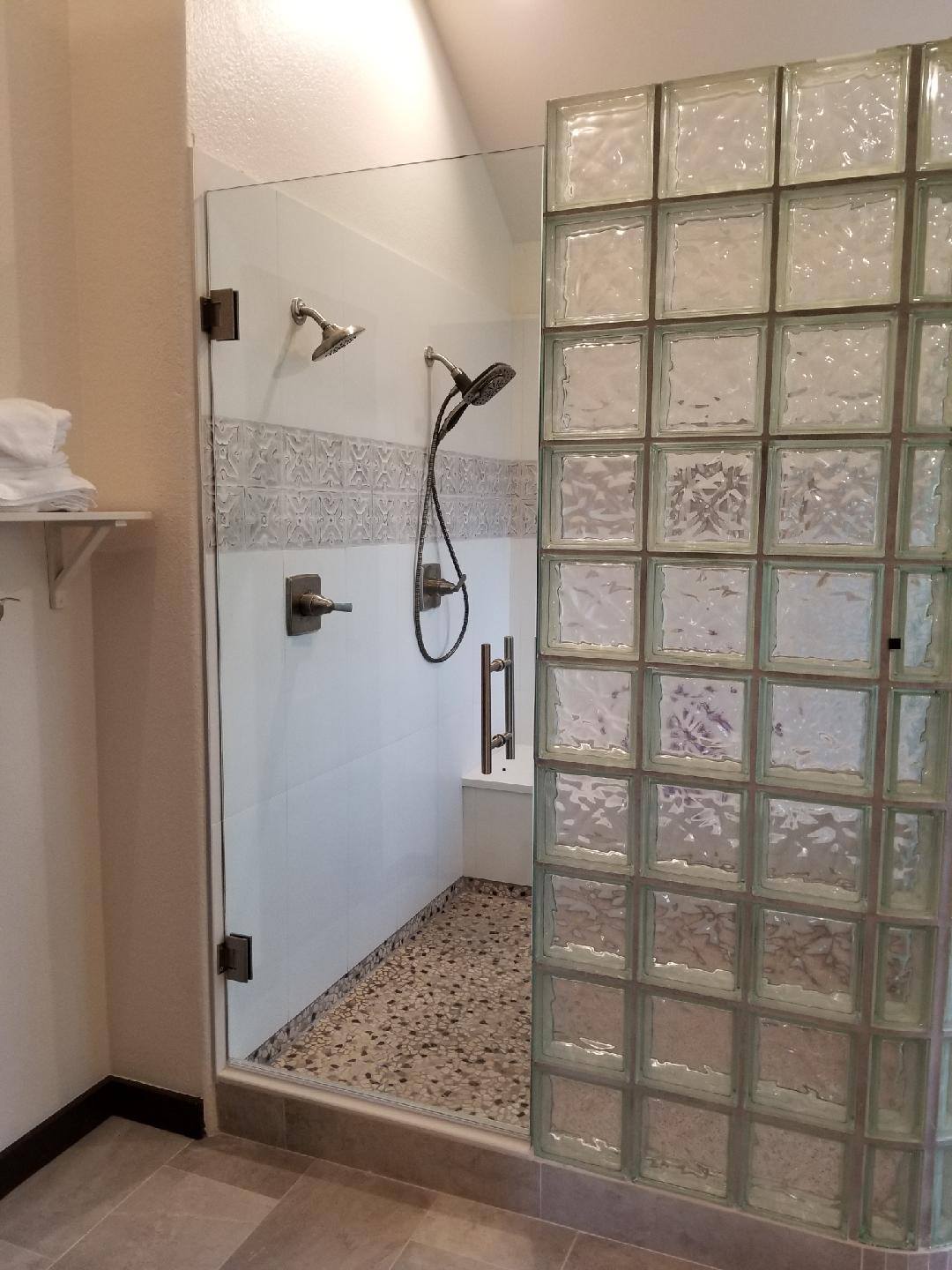 Frameless Tiles w Glass Block Wall w